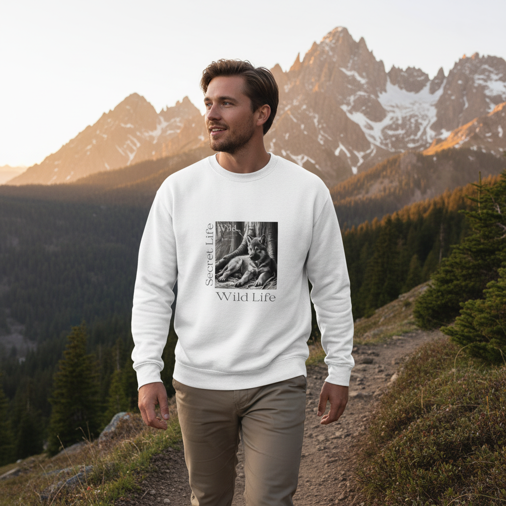 White wolf sweatshirt European man mountain landscape golden hour