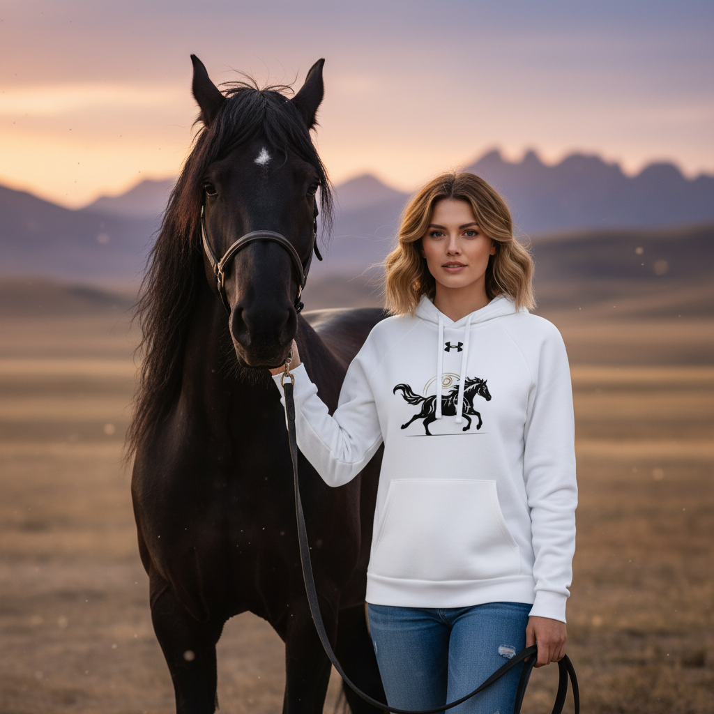 Woman in Wild Horse Black hoodie with black horse embodying untamed strength and freedom - Year of the Fire Horse 2026 spiritual collection celebrating passion and power