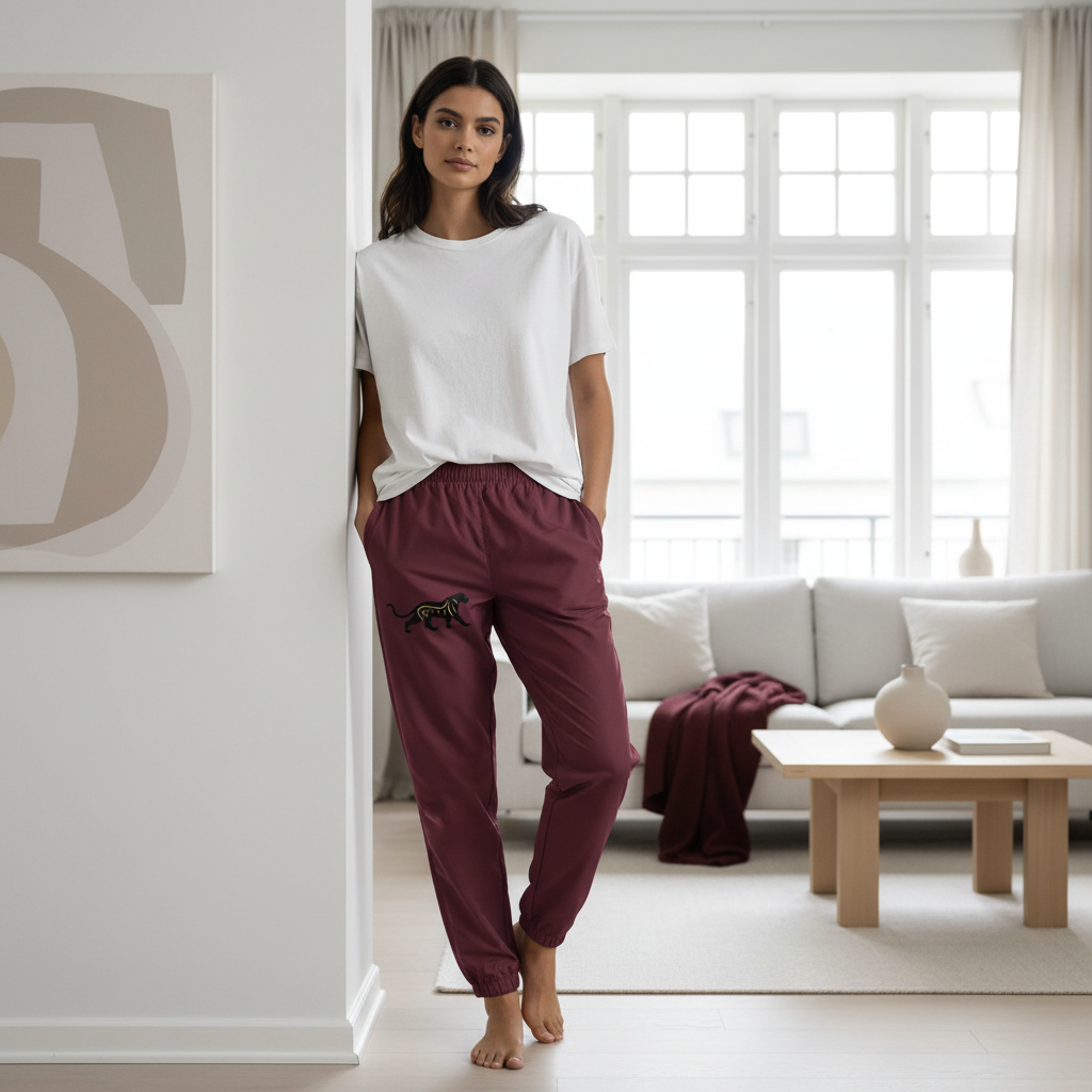 Wine red track pants featuring jaguar emblem styled with white top in Scandinavian home decor