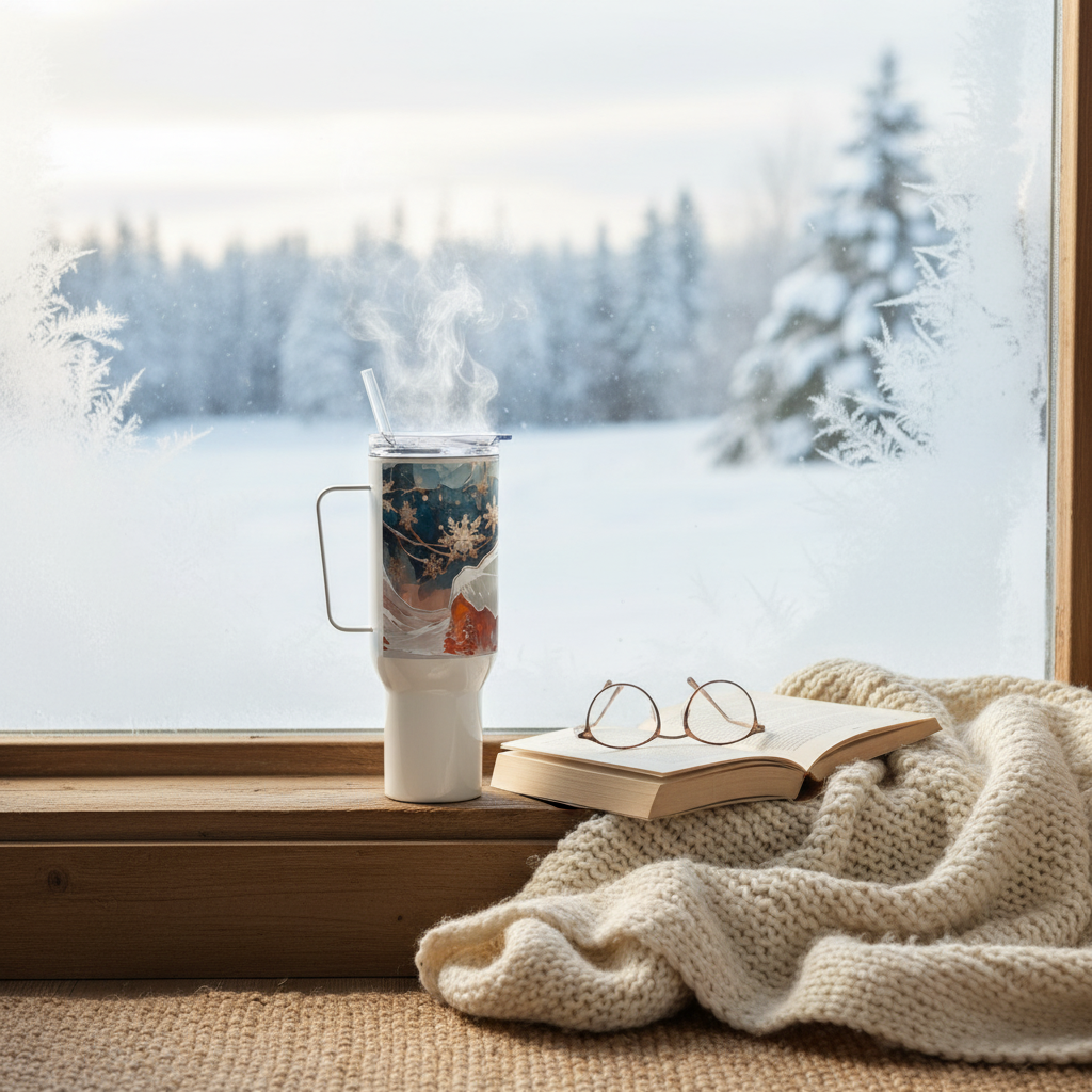 Winter Landscape Travel Mug - Cozy Winter Morning Coffee by Window