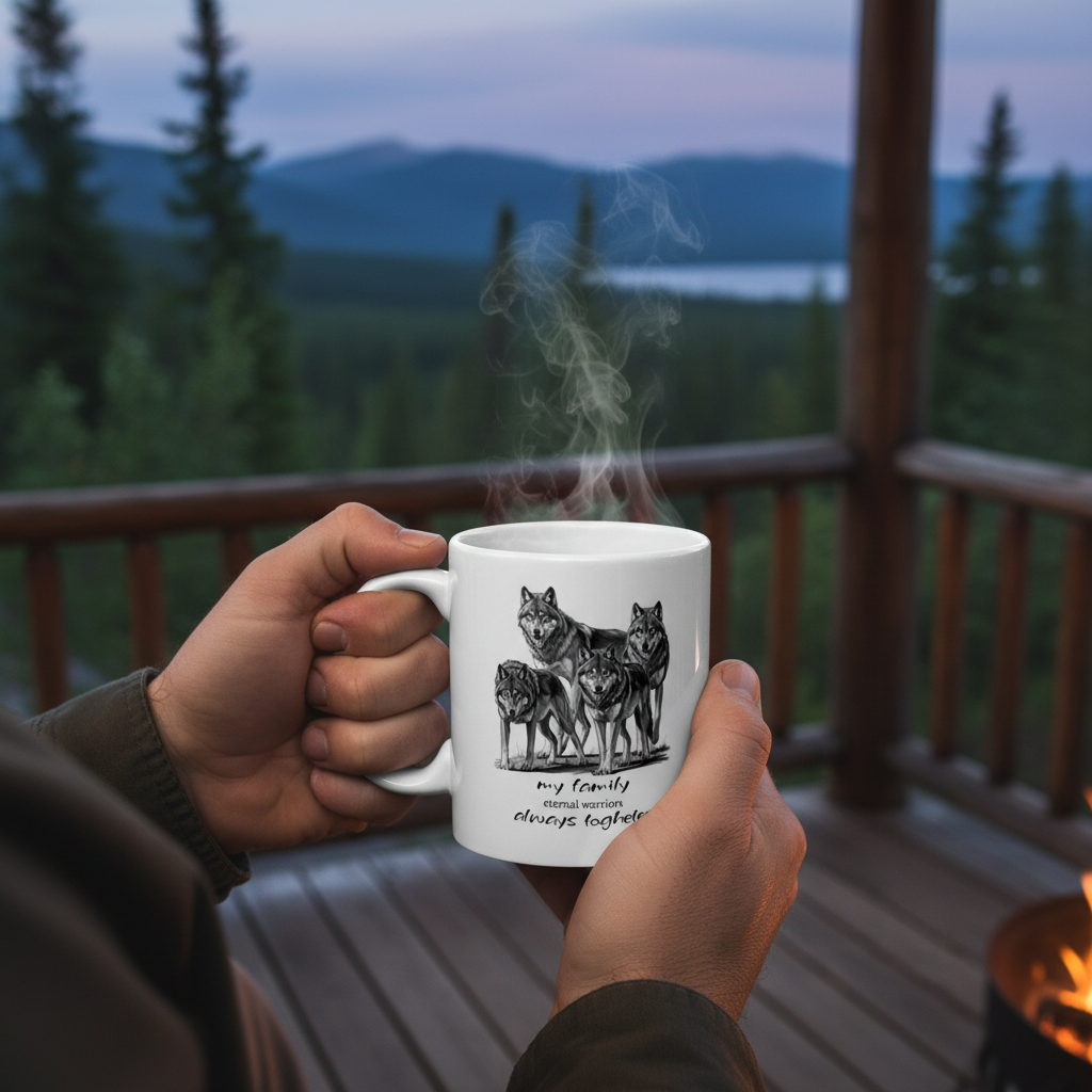 Wolf mug close-up man hands cabin porch wilderness firelight