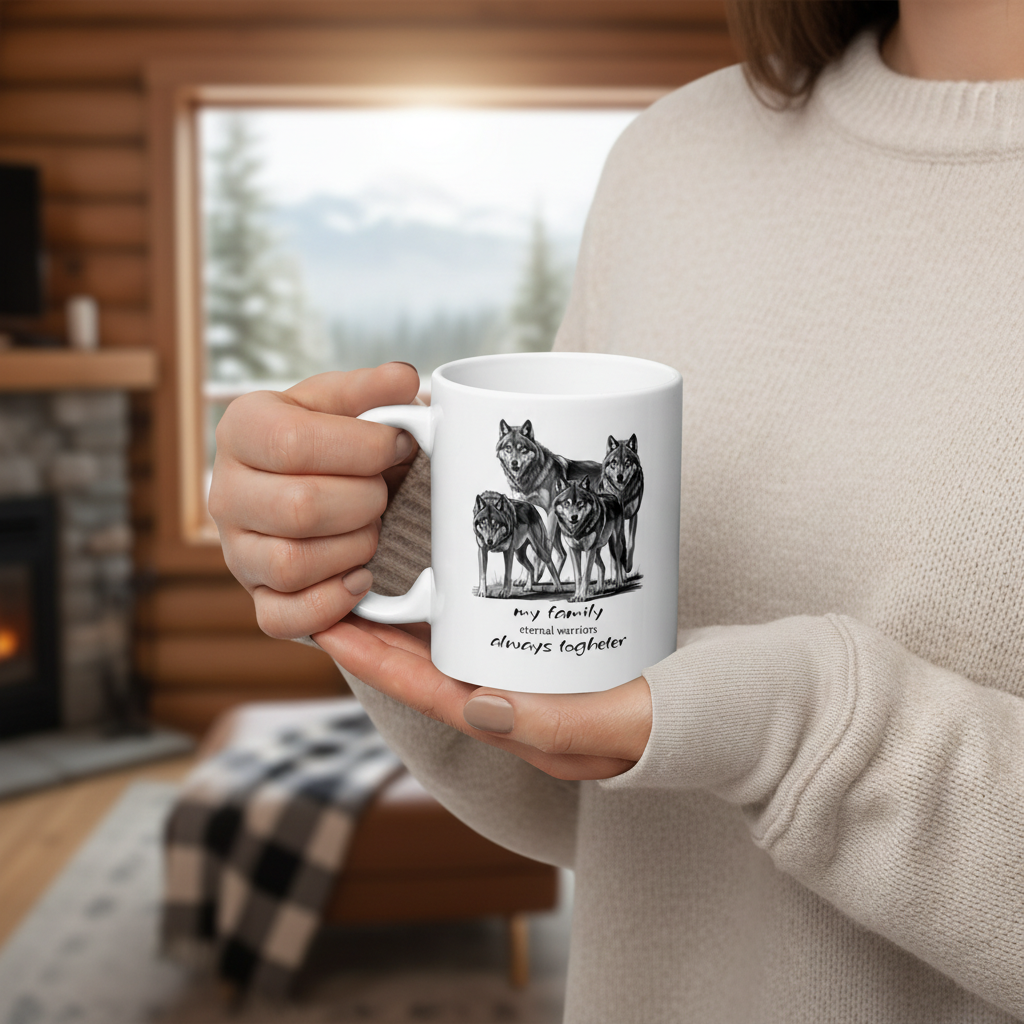 Wolf mug close-up woman hands cabin window soft light
