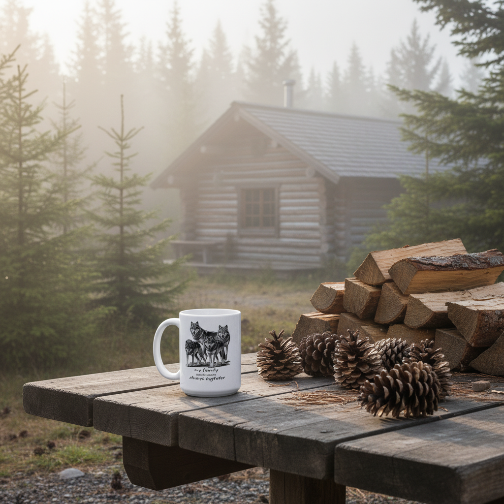 Wolf mug outdoor table log cabin firewood pine cones mist