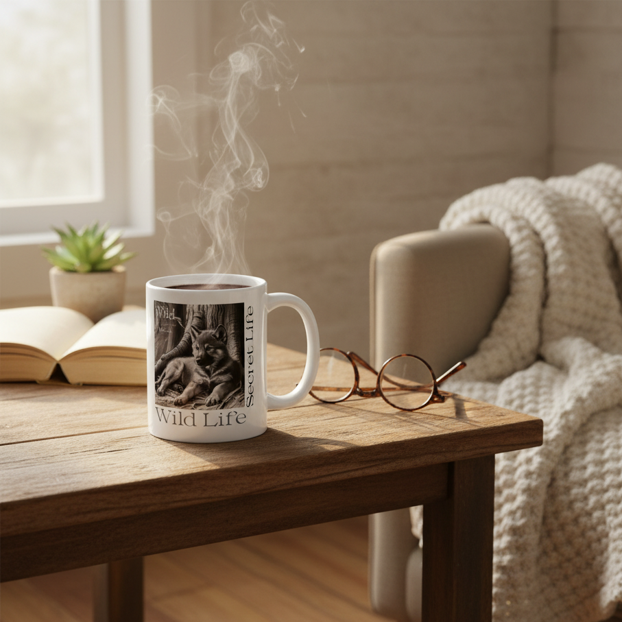 White ceramic mug with wolf pup Wild Secret Life design in cozy morning setting with book and blanket - premium home lifestyle
