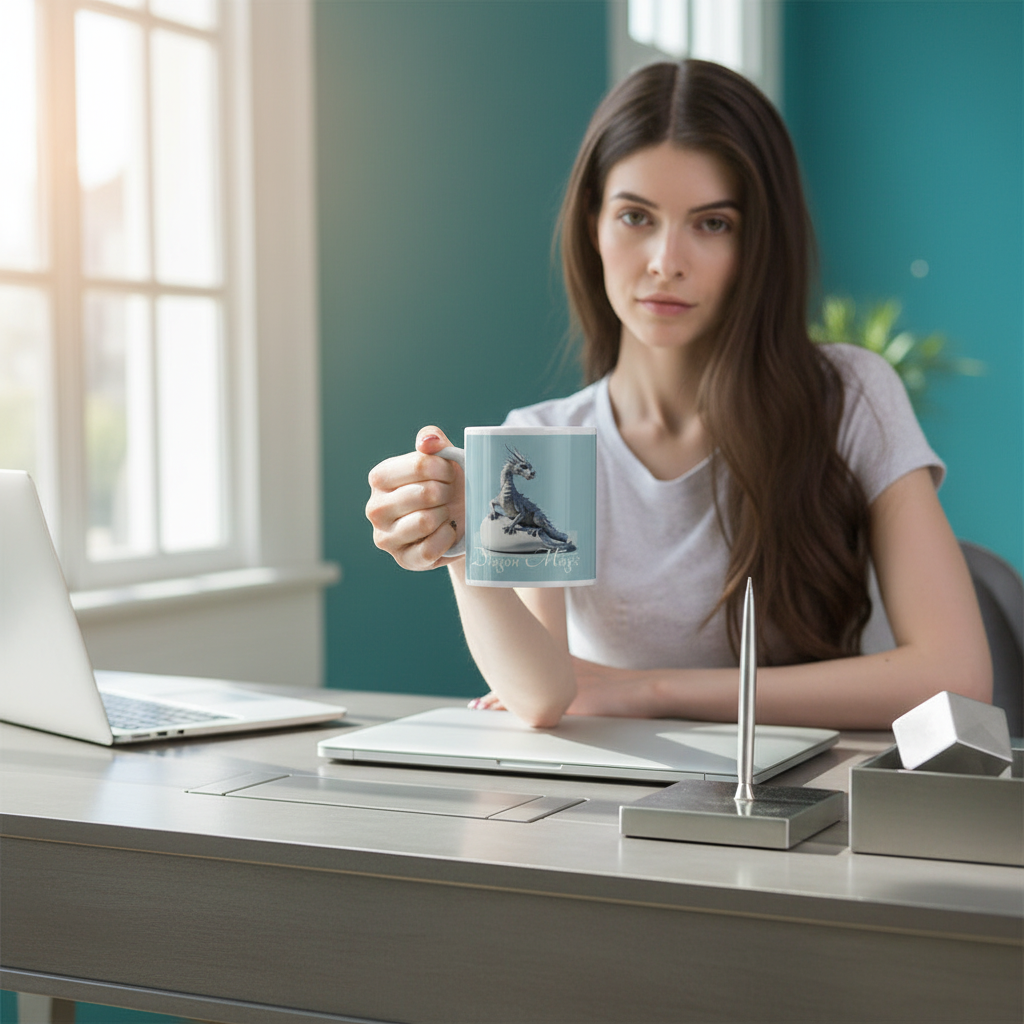 Woman working at modern desk with turquoise accent wall holding white glossy mug featuring silver dragon artwork - ideal for fantasy lovers and creative professionals