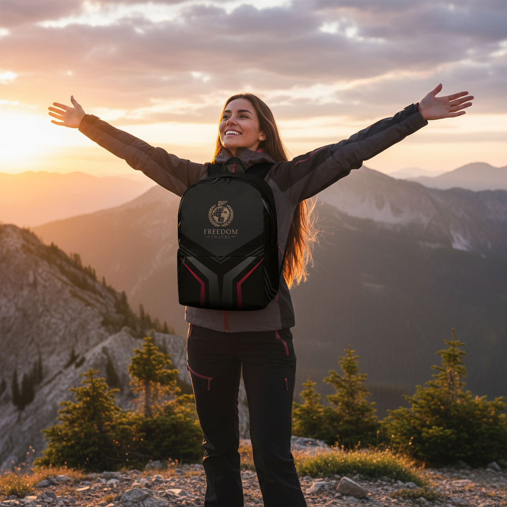 Woman at mountain summit with Freedom Travel backpack