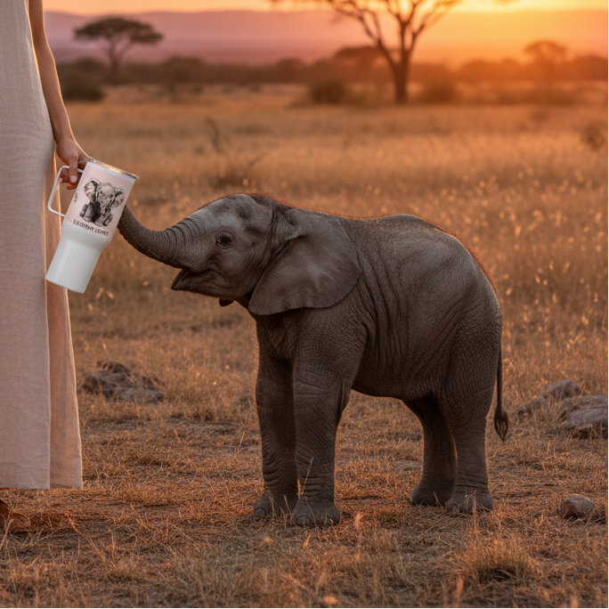Woman beige dress realistic sized baby elephant waist height trunk touching travel mug savanna sunset