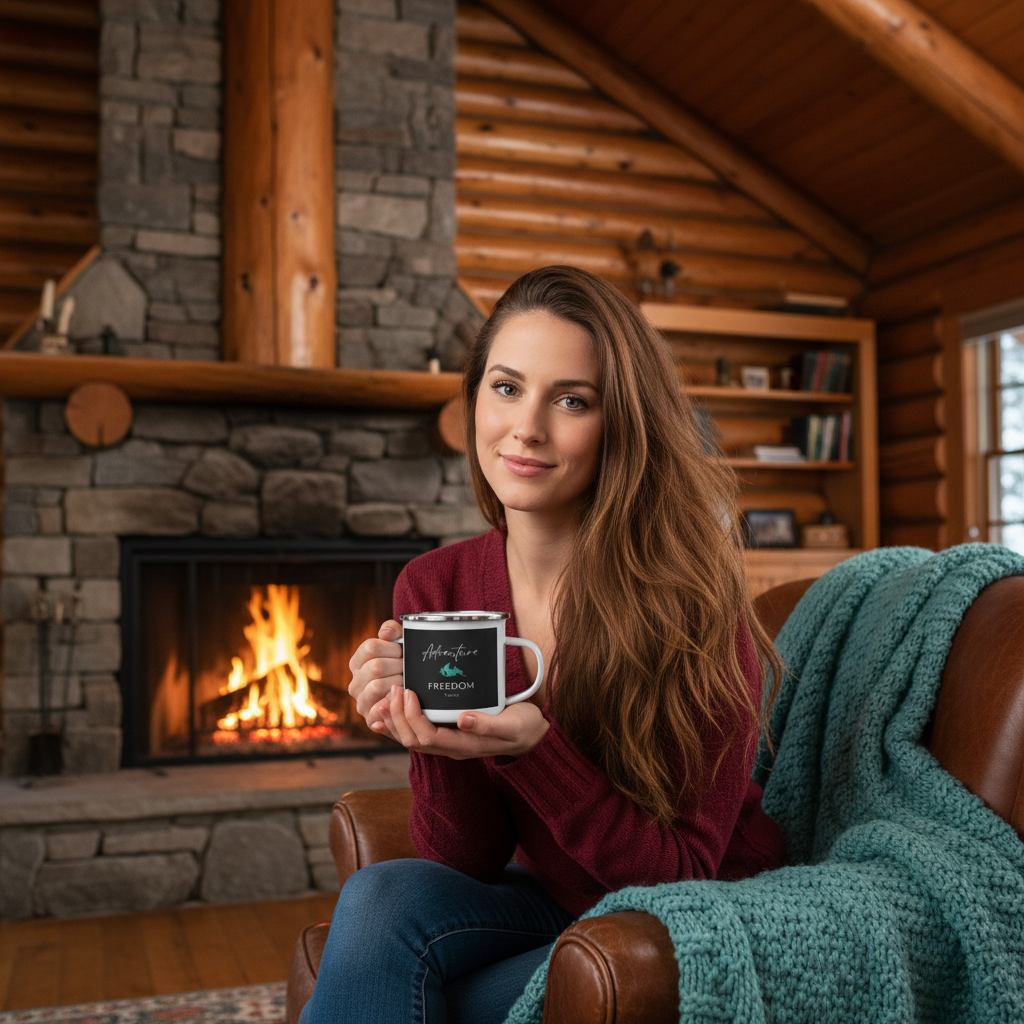 Woman by fireplace in Canadian log cabin with Adventure Freedom Travel enamel mug