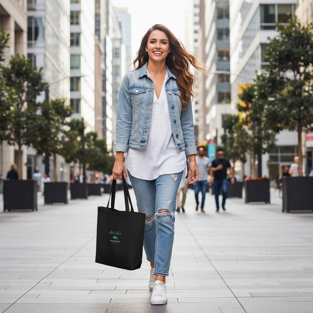 Woman carrying black Adventure Freedom Travel tote bag in city street