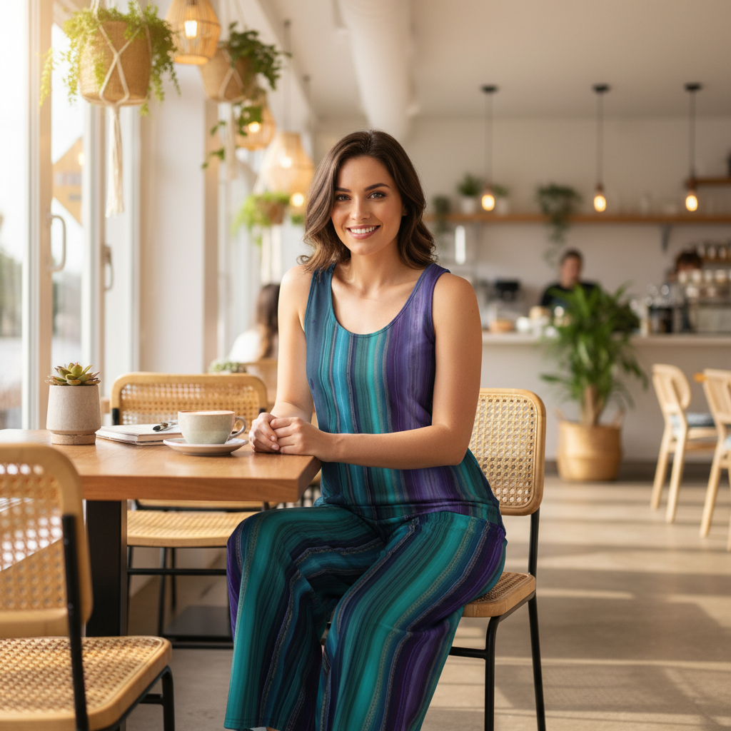 Woman crystal outfit modern cafe