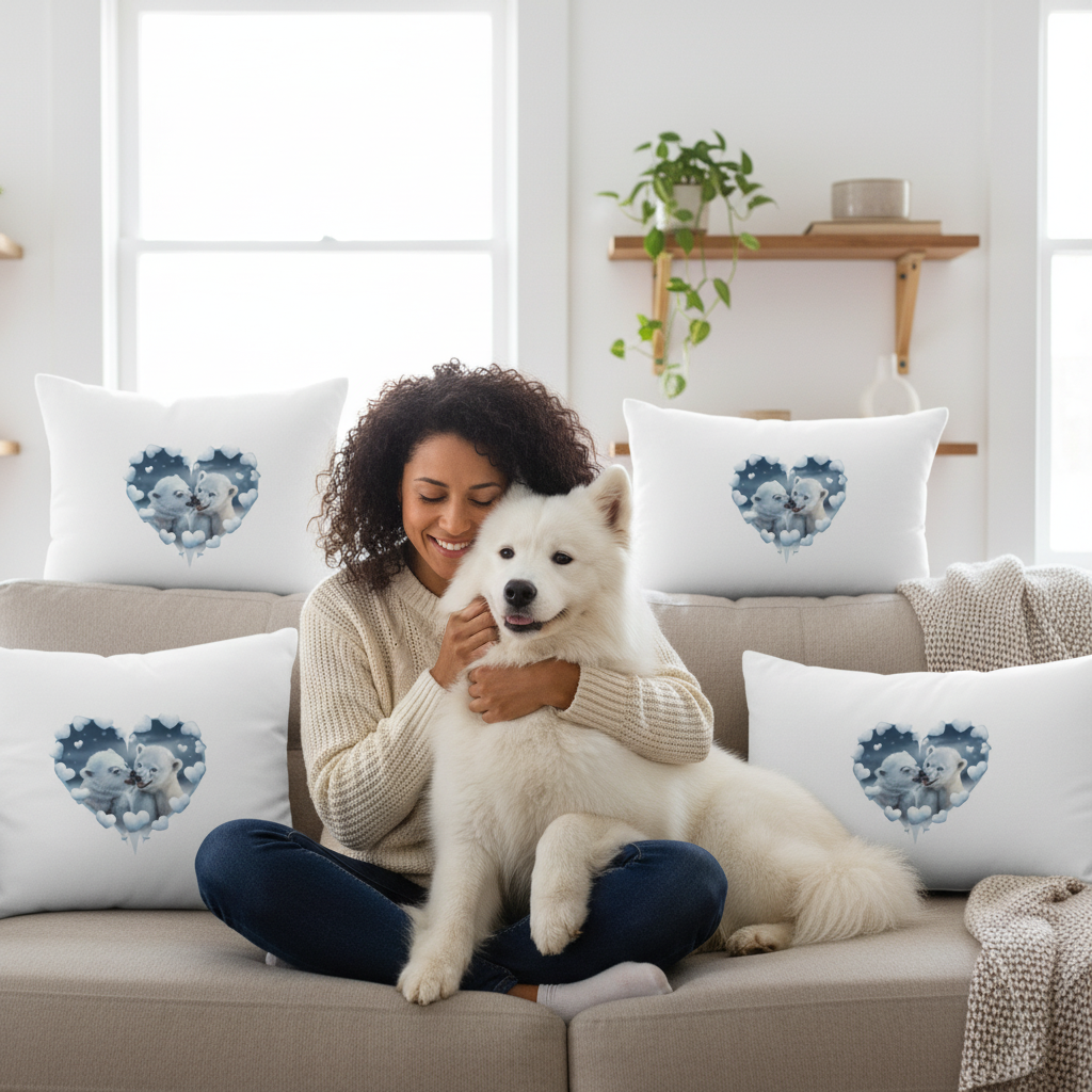 Woman cuddling with white Samoyed dog on beige sofa with polar bear heart pillows in cozy simple living room showing their loving bond