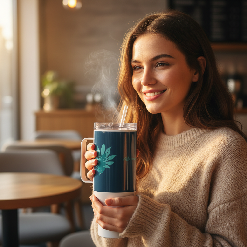 Woman holding dark blue travel mug at café