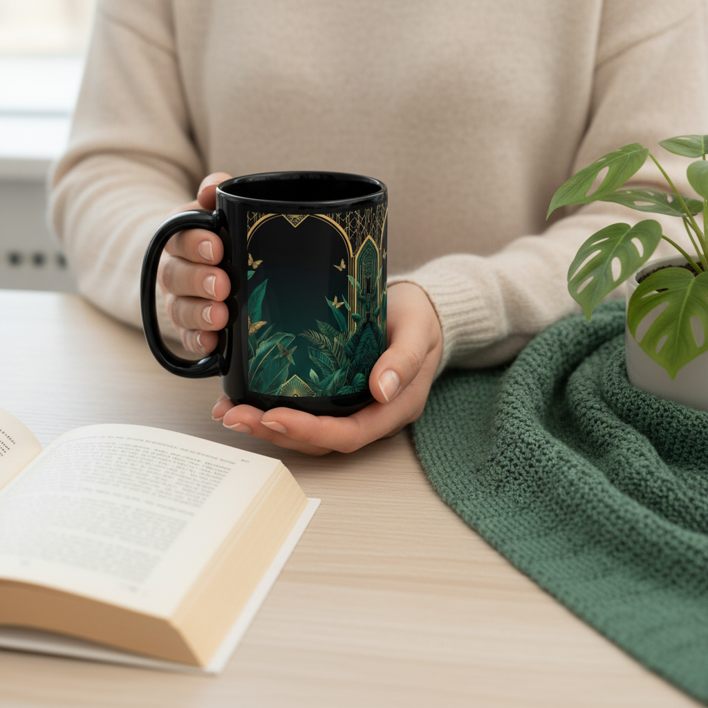 Woman holding Emerald Plants mug cozy morning scene