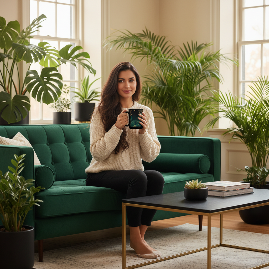 Woman holding Emerald Plants mug in jungle living room