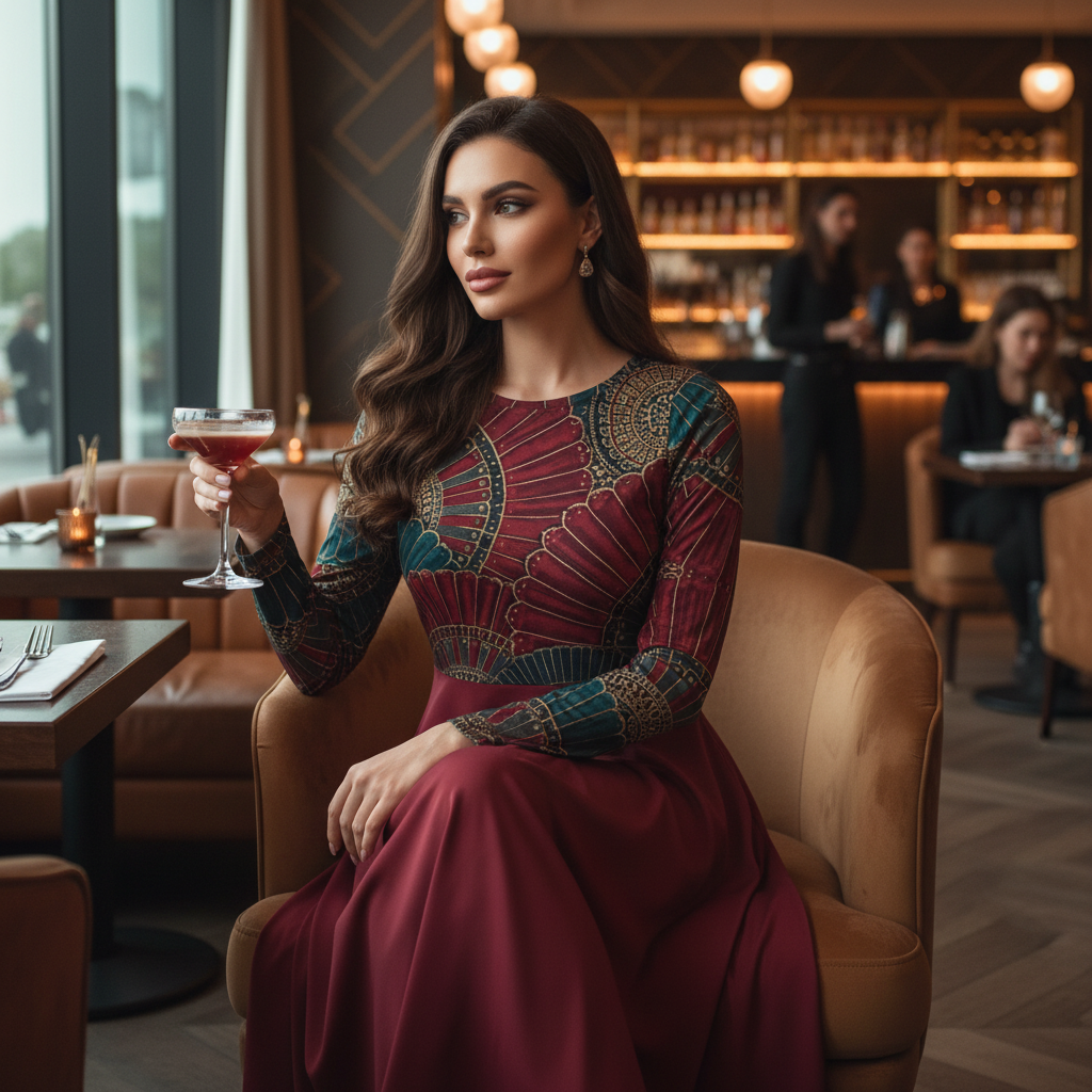 Woman in art deco dress at upscale restaurant