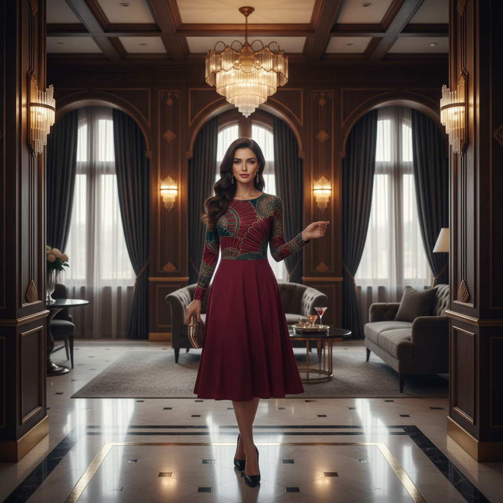 Woman in art deco dress in luxurious interior