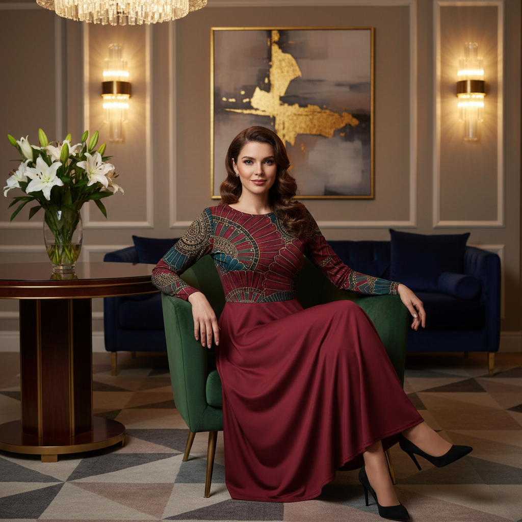 Woman in art deco dress in luxurious modern interior