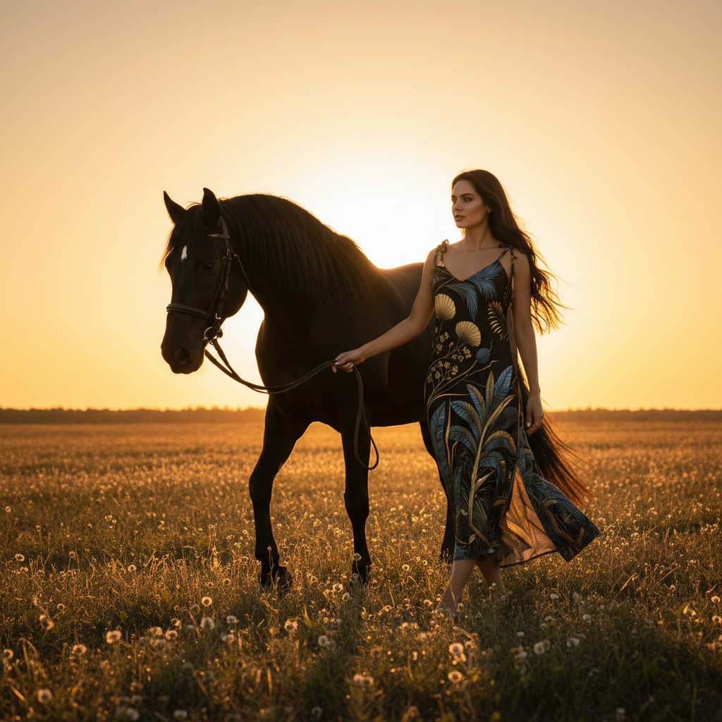 Woman in Art Deco dress leading black horse at sunset