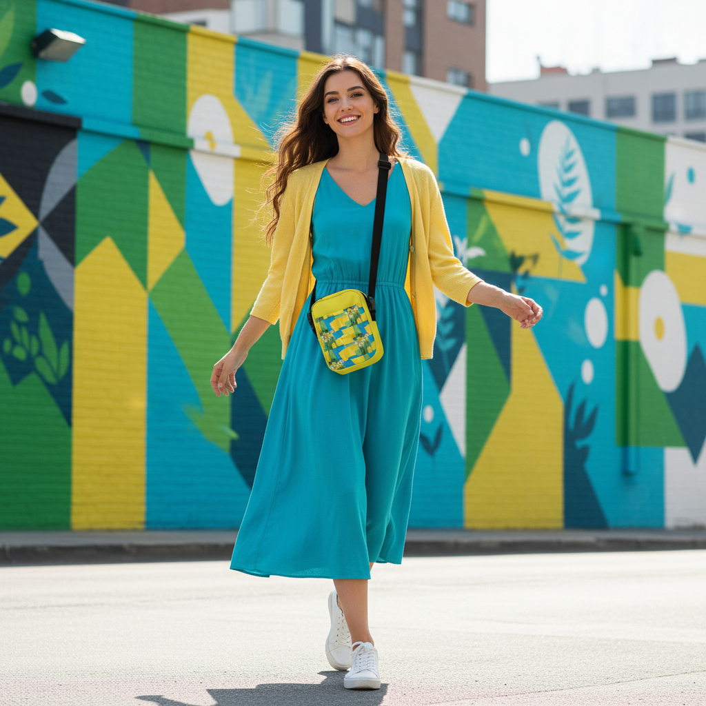 Woman in art district with vibrant crossbody bag