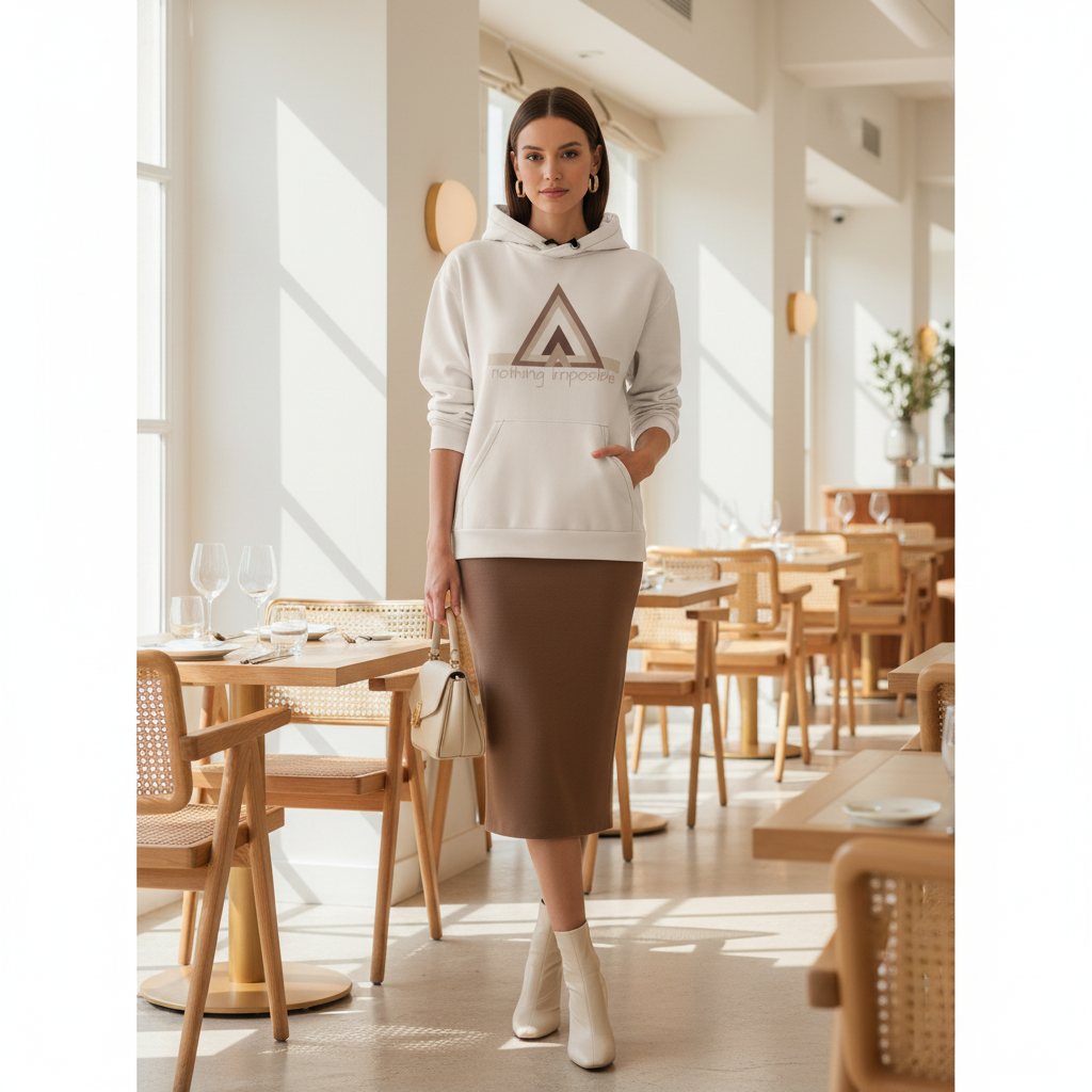 Woman in beige geometric hoodie falling naturally over brown fitted skirt in bright restaurant