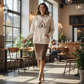 Woman in beige geometric hoodie hanging loosely over brown pencil skirt in sunny cafe