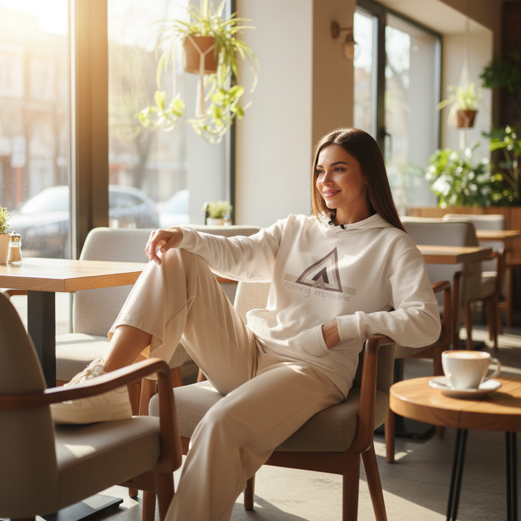 Woman in beige geometric hoodie worn loosely over beige wide-leg pants in bright sunny cafe