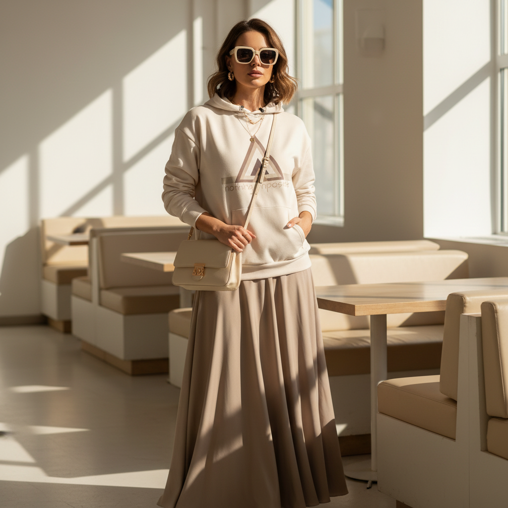 Woman in beige geometric hoodie worn loosely over taupe long skirt in bright restaurant