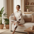 Woman in beige hoodie and yoga leggings in warm interior