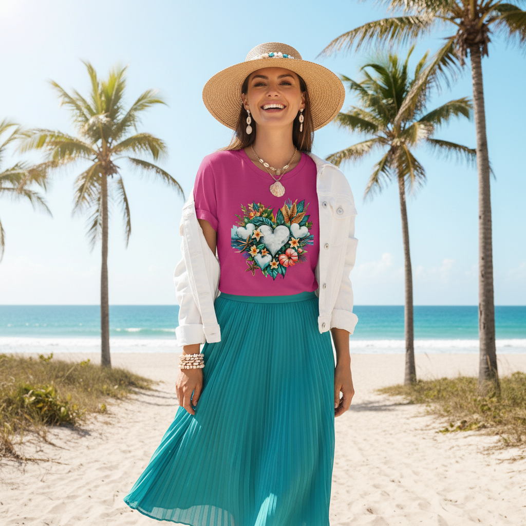 Woman in berry coastal hearts tee with turquoise midi skirt and white jacket