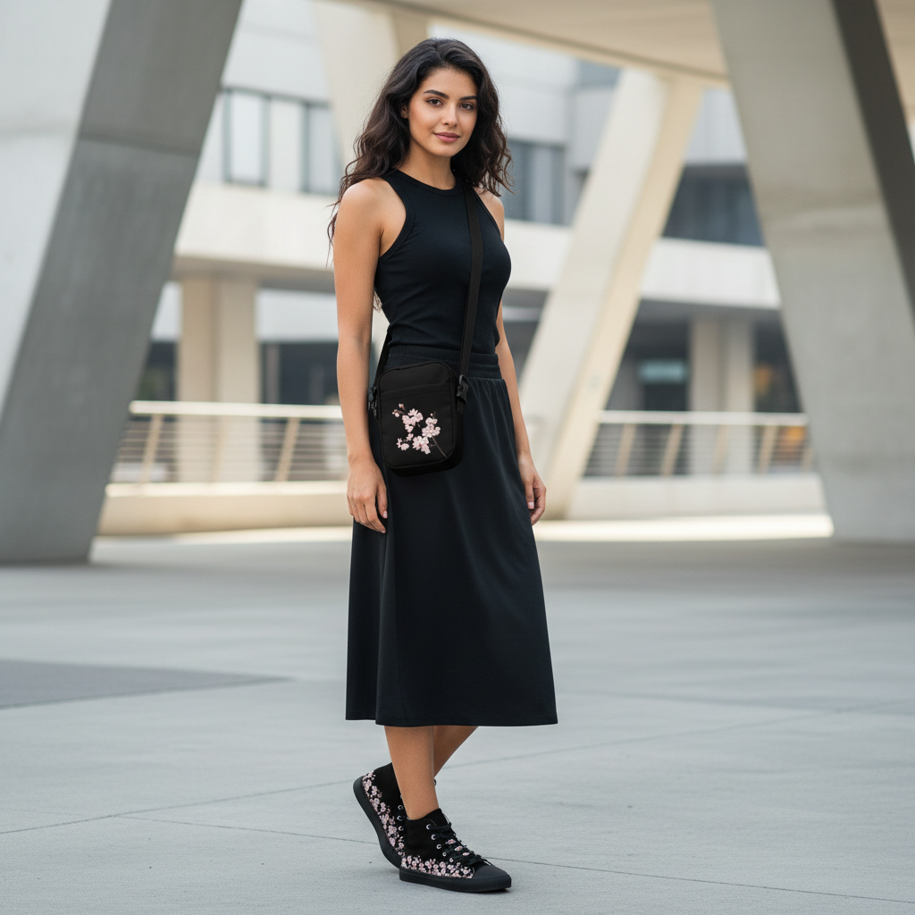 Woman in black athletic outfit with cherry blossom accessories