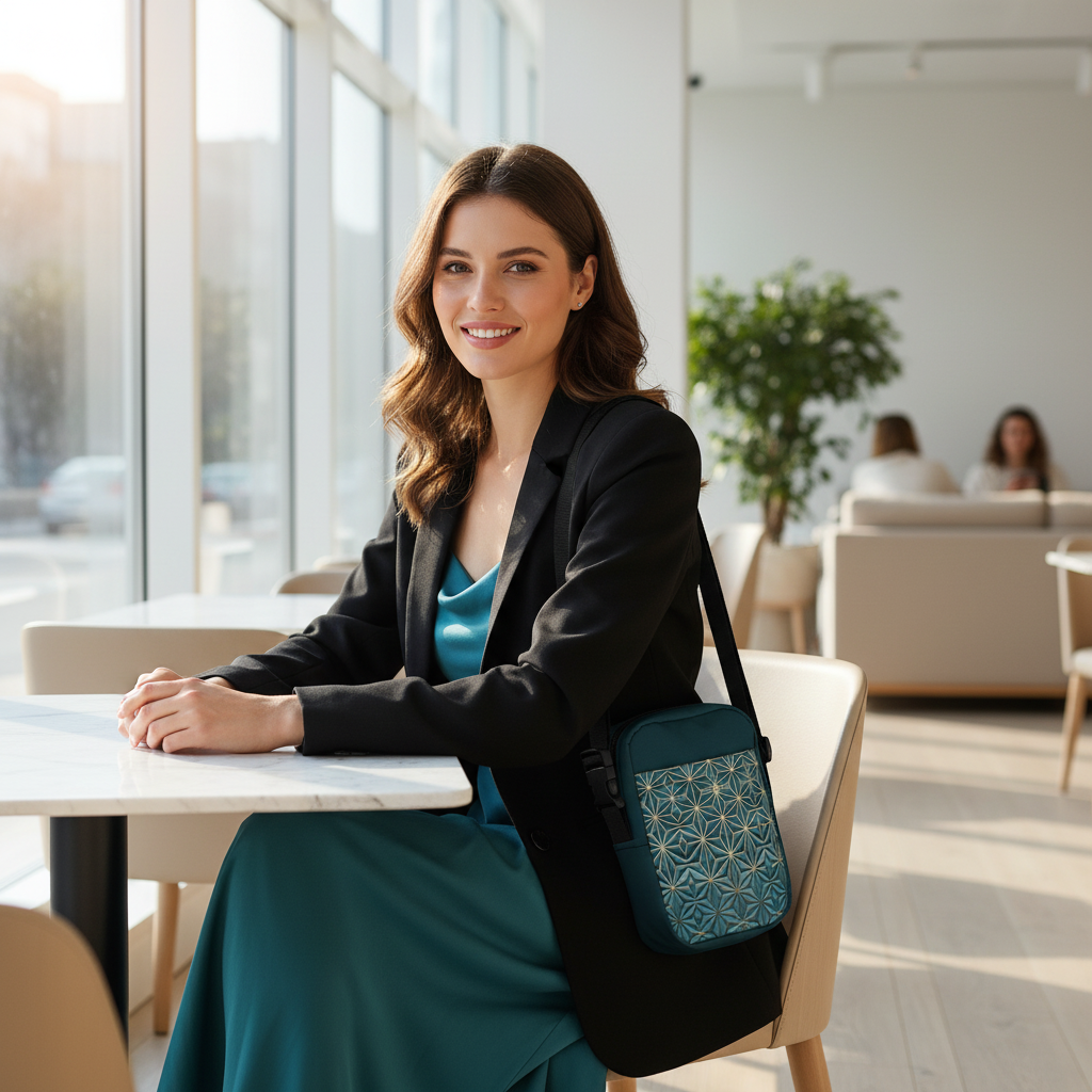 Woman in black blazer over teal dress with teal and gold crossbody bag in bright restaurant