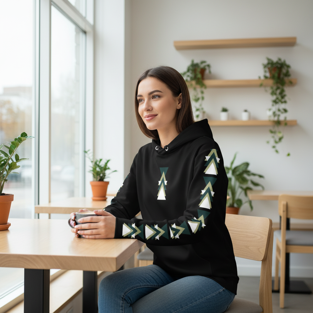 Woman in black geometric triangle hoodie with coffee in minimalist café