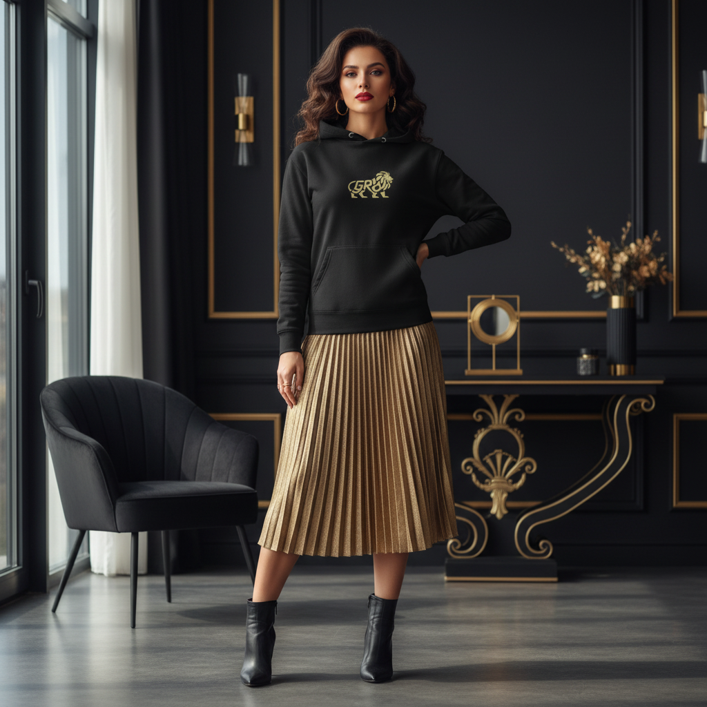 Woman in black hoodie with gold lion design paired with gold midi skirt in elegant interior