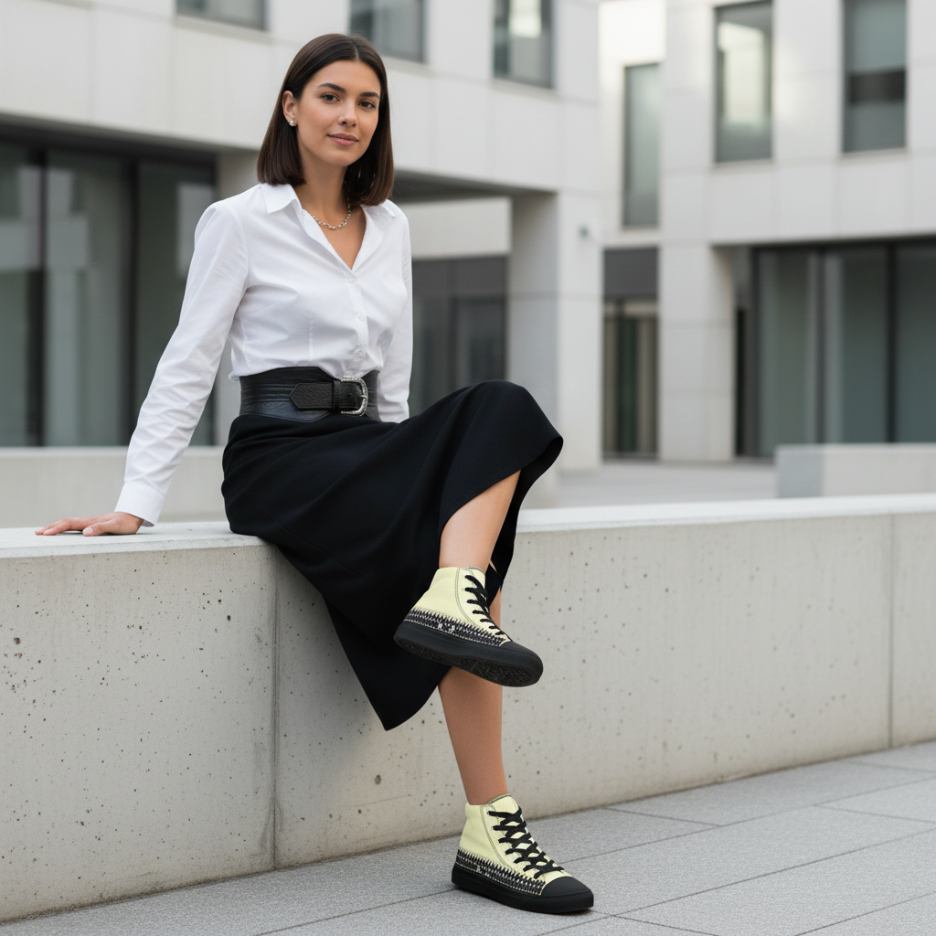 Woman in black midi skirt white shirt with yellow geometric high-top shoes