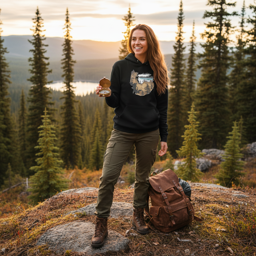 Woman in black old map hoodie with olive cargo pants holding compass in Canadian wilderness
