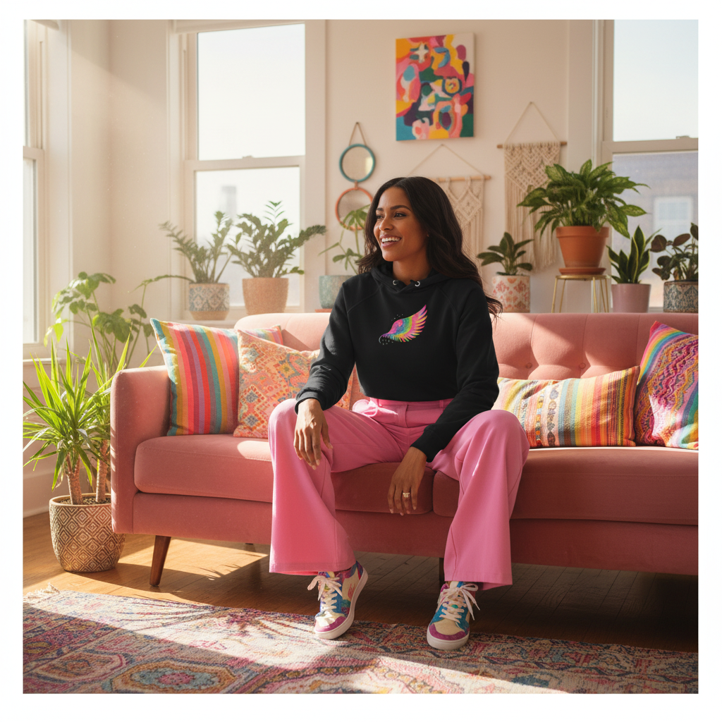 Woman in black rainbow feather hoodie with pink trousers in sunny bohemian living room