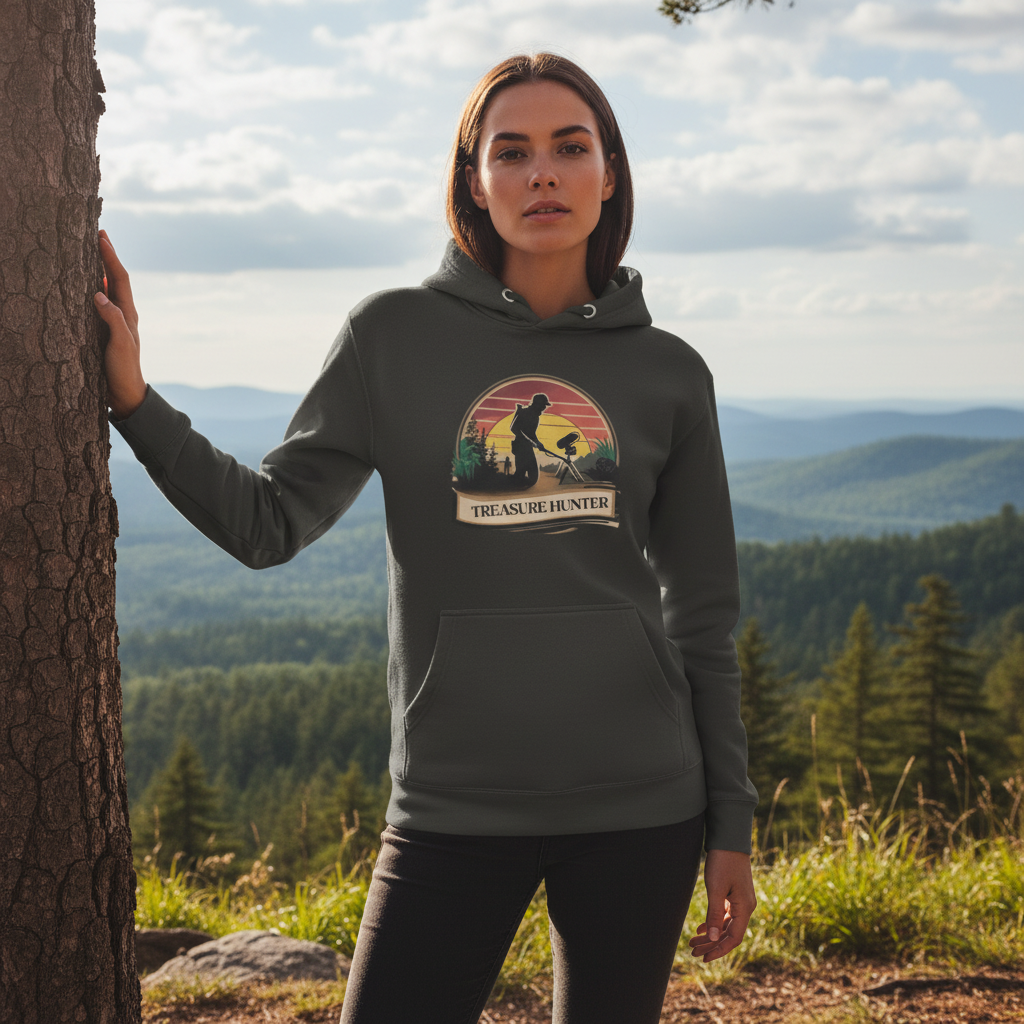 Woman in black treasure hunter hoodie at scenic nature overlook