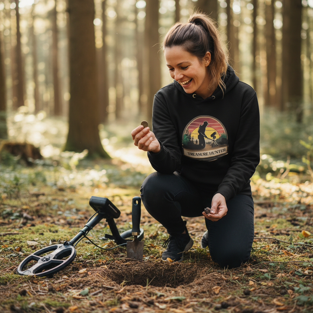 Woman in black treasure hunter hoodie examining find with metal detector in nature