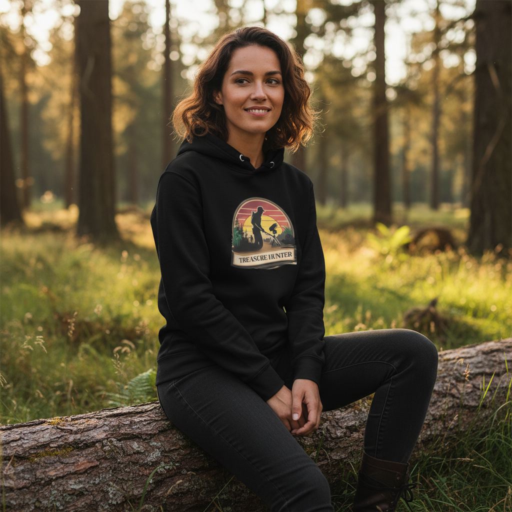 Woman in black treasure hunter hoodie sitting on log in nature