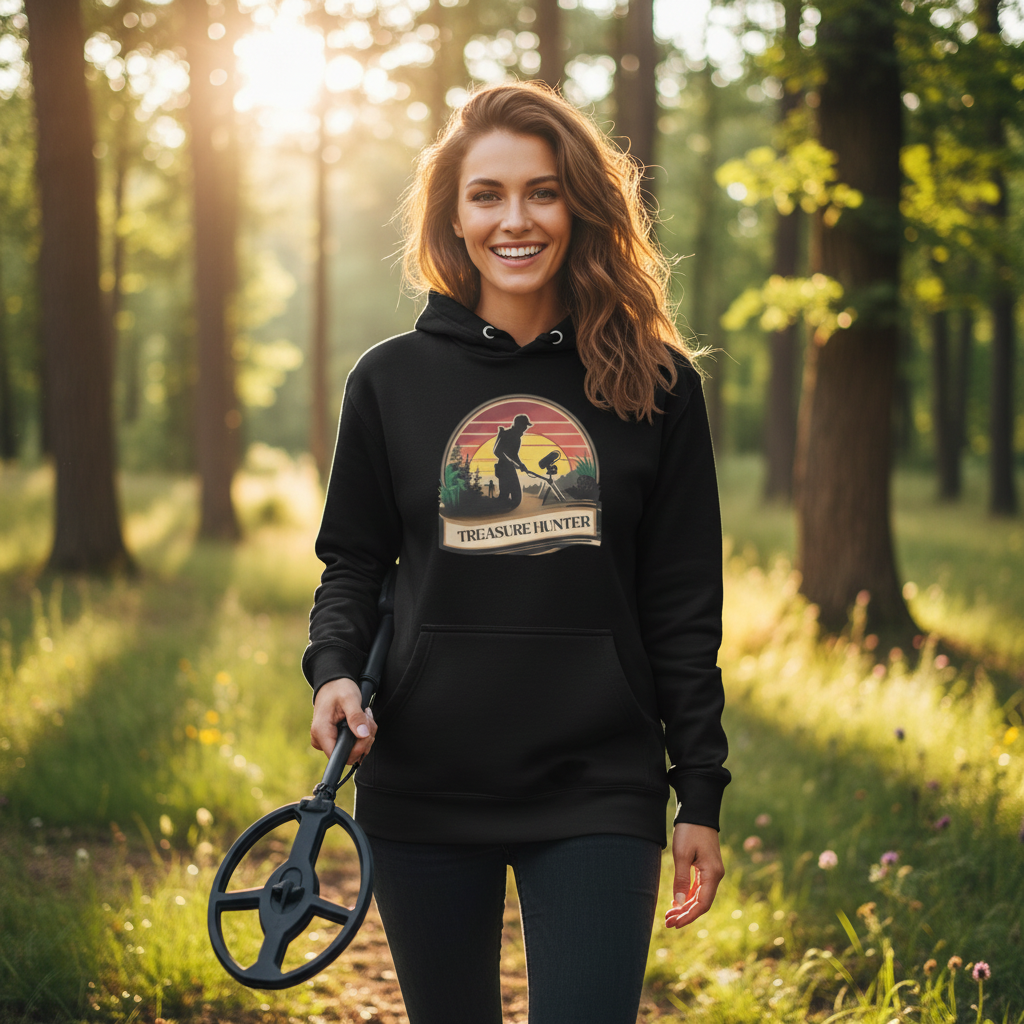 Woman in black treasure hunter hoodie standing with metal detector in forest clearing