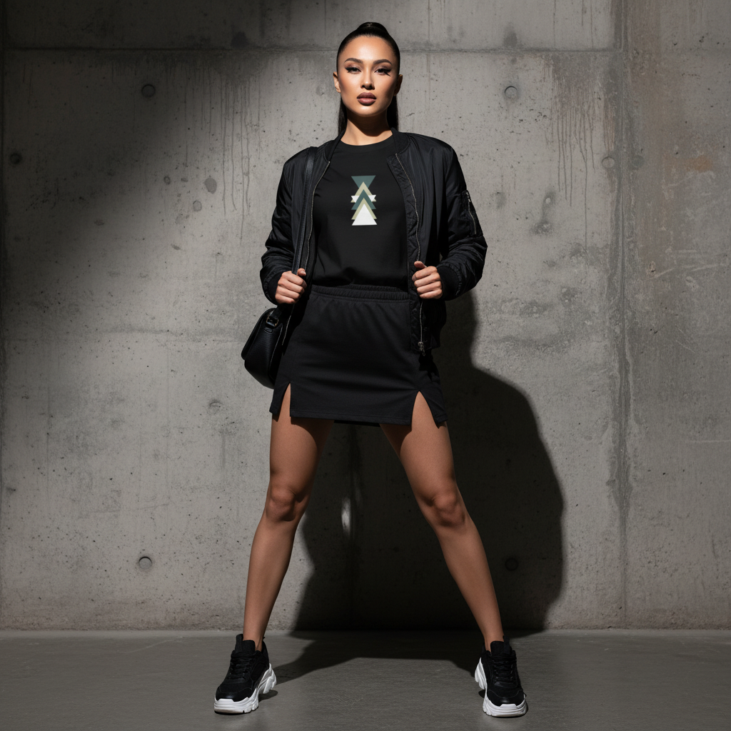 Woman in black triangle tee with athletic skirt, bomber jacket, leather bag and sneakers against urban wall