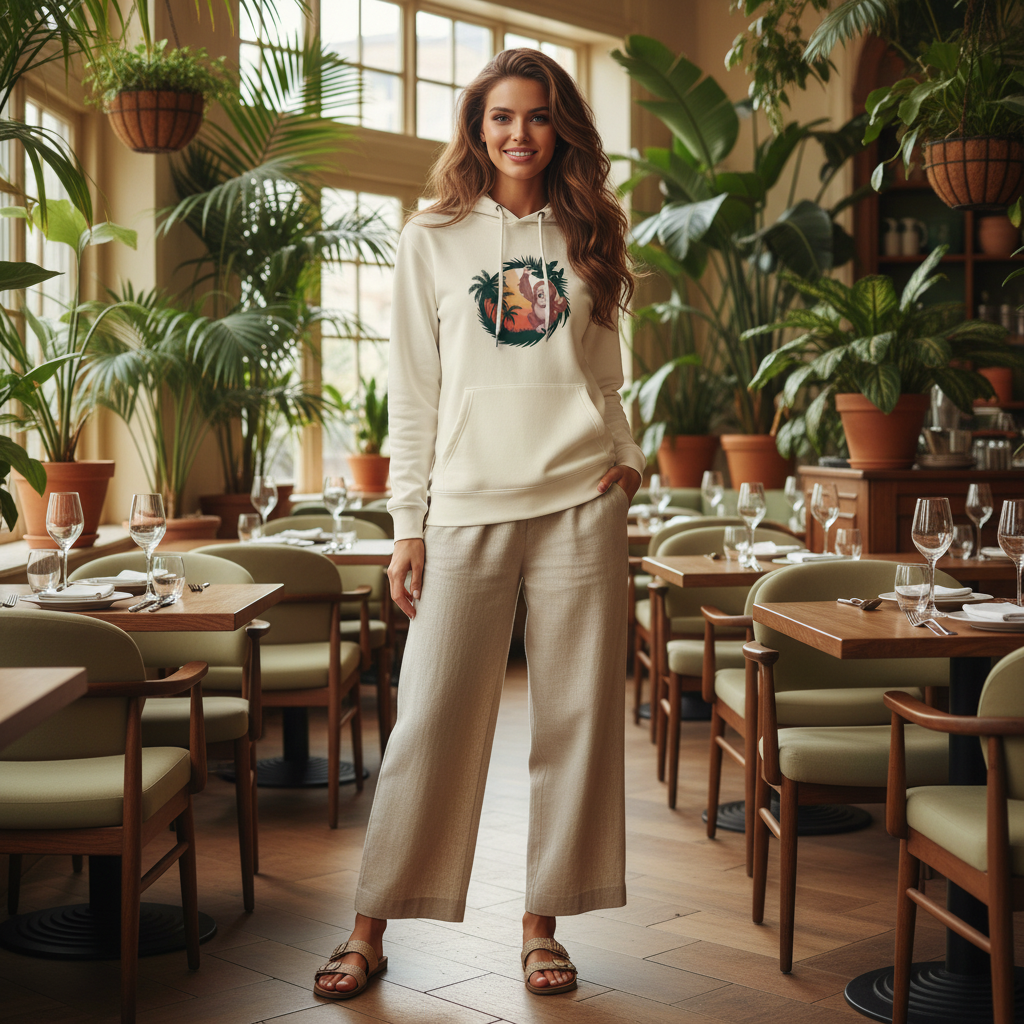 Woman in bone cream orangutan hoodie in botanical restaurant