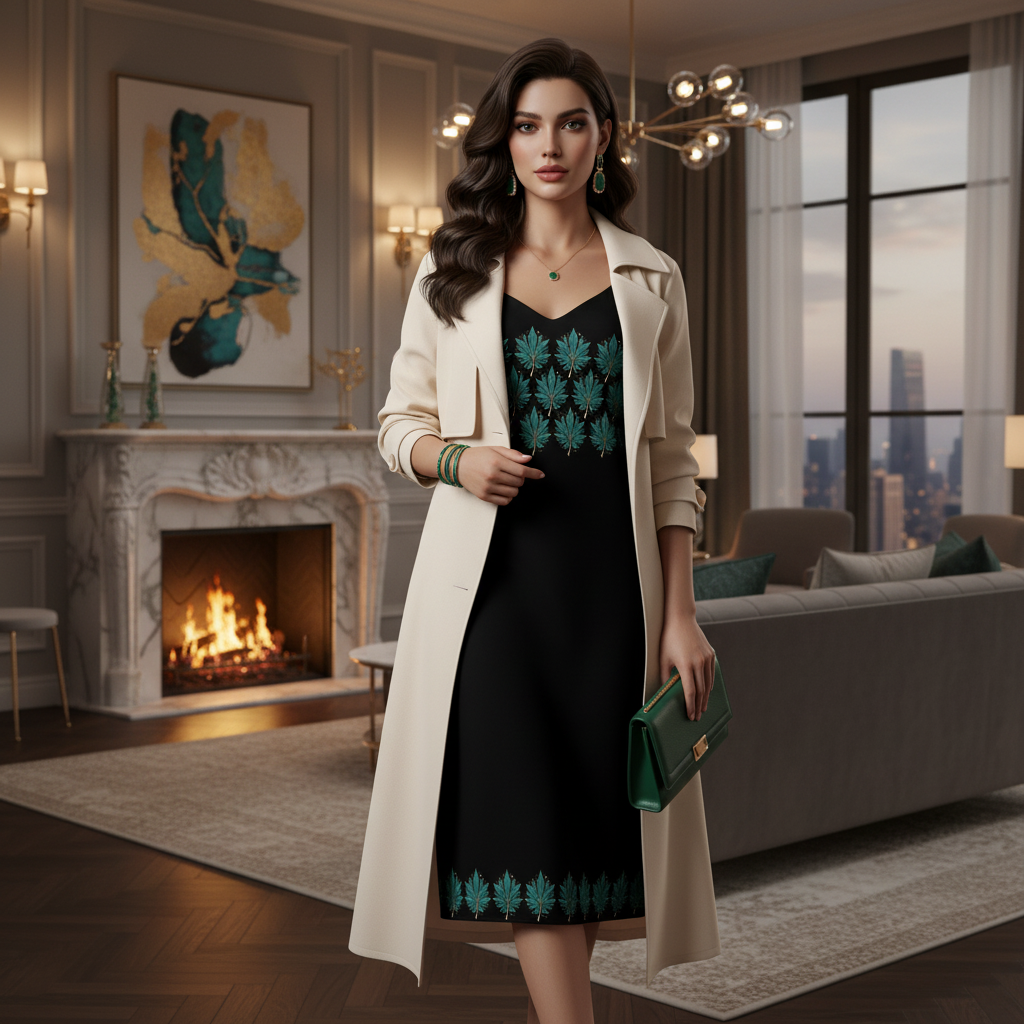 Woman in botanical dress with coat in elegant interior