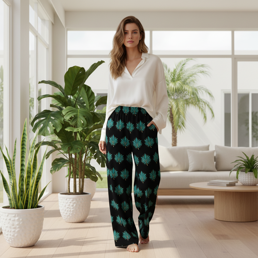 Woman in botanical pants with white silk blouse in modern interior