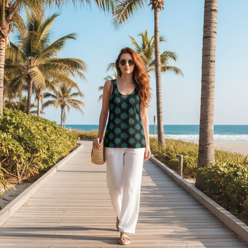 Woman in botanical tank walking along sunny beach boardwalk