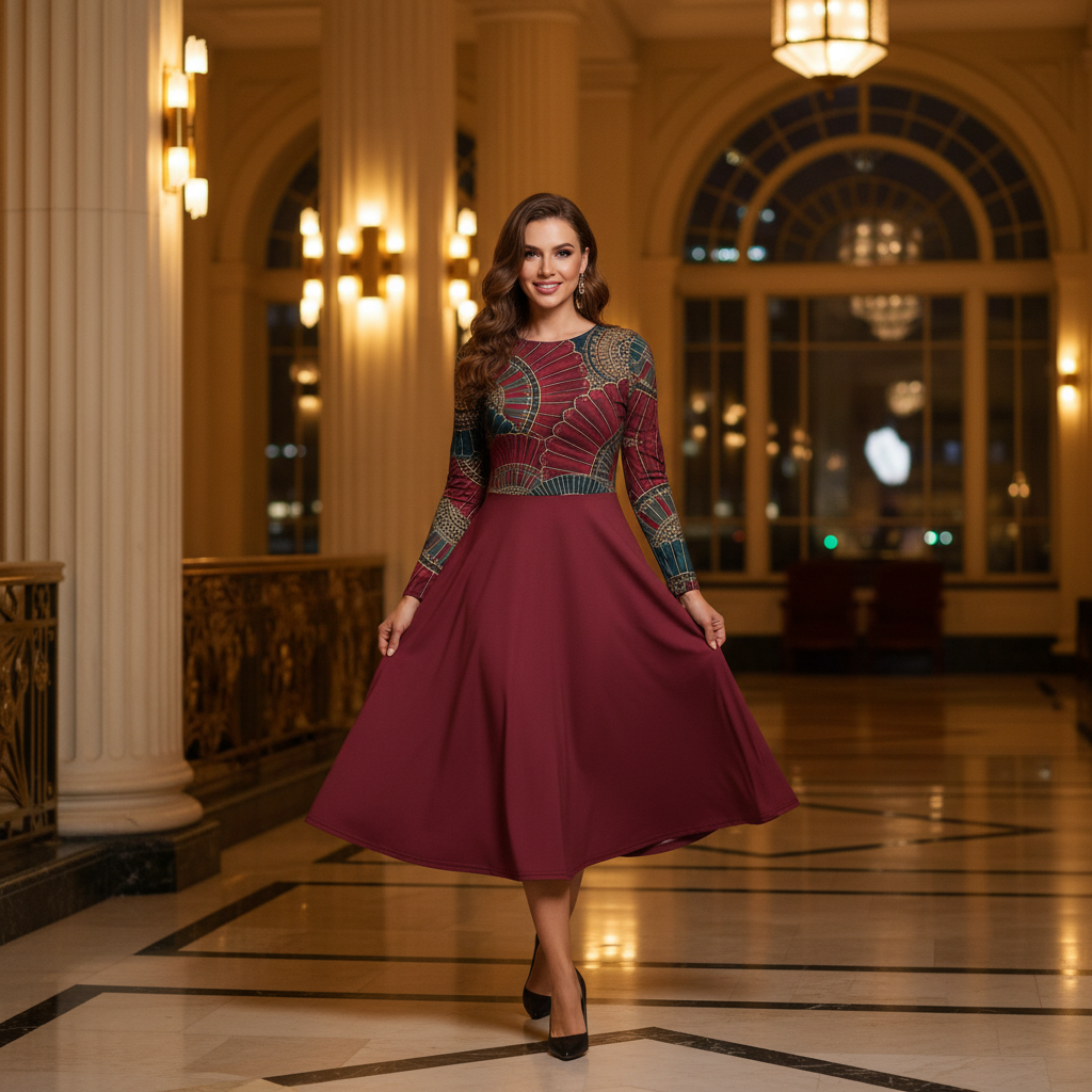 Woman in burgundy art deco dress in elegant hotel lobby