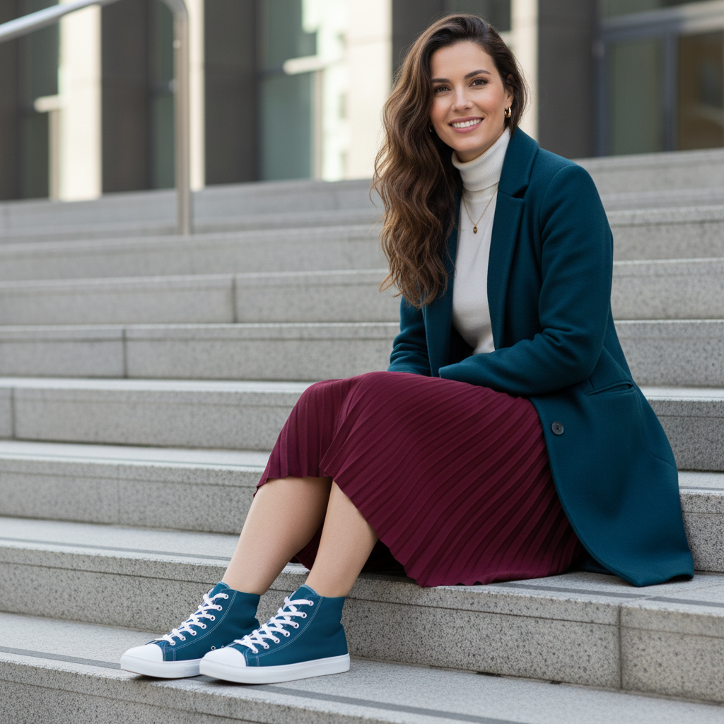 Woman in burgundy midi skirt white turtleneck teal coat with plain teal high-top shoes