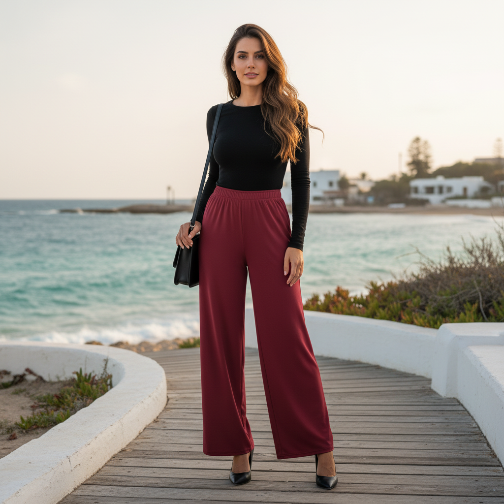 Woman in burgundy pants with black top and black accessories
