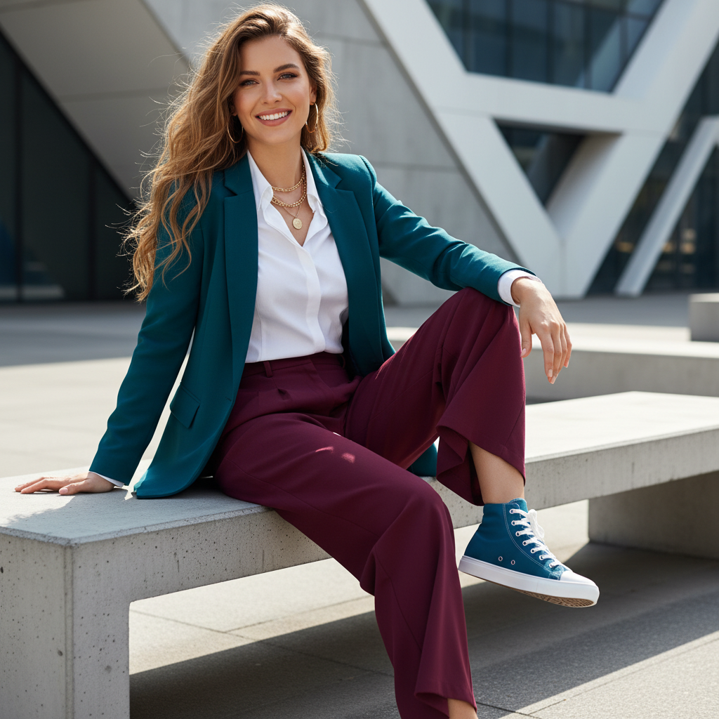 Woman in burgundy trousers white shirt teal blazer with clean teal high-tops no logos