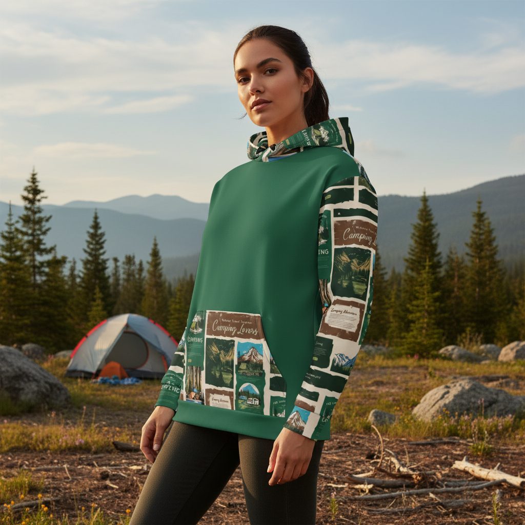 Woman in camping hoodie showing detailed pattern on sleeves at campsite